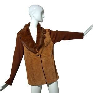 Vintage Suede Rabbit Fur Women's Size Medium‎ Ribbed Glam Hippie  Sweater Jacket